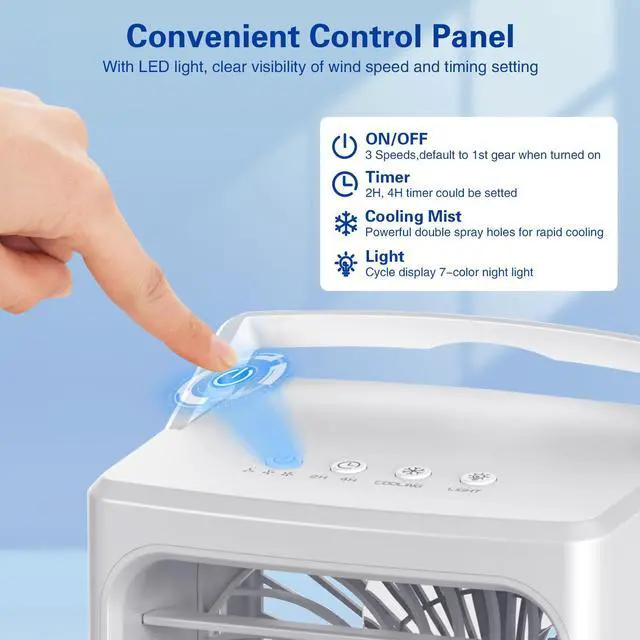 Alt view image 5 of 7 - _Mega Brand Portable Air Conditioners,3 Wind Speed with Icy Mist Mode Portable AC Unit,900ML Tank Evaporative Air Cooler Fan Blow Cold Air,Mini Cooling Fan with 2/4H Timer 7 Lights for Bedroom Office