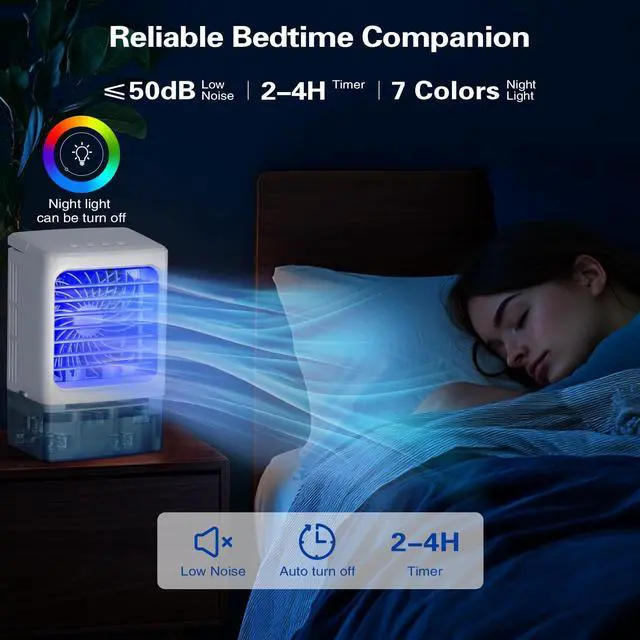 Alt view image 6 of 7 - _Mega Brand Portable Air Conditioners,3 Wind Speed with Icy Mist Mode Portable AC Unit,900ML Tank Evaporative Air Cooler Fan Blow Cold Air,Mini Cooling Fan with 2/4H Timer 7 Lights for Bedroom Office