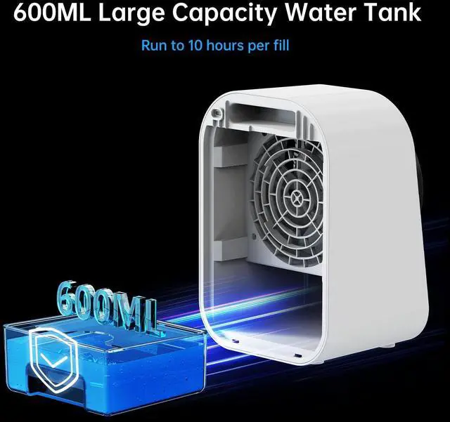 Alt view image 7 of 7 - _Mega Brand Portable Air Conditioners, Personal Evaporative Air Cooler with 3 Speeds &12H Timer, 600ML Cooling Fan Mini Air Conditioner, Portable AC Unit Fan for Room Bedroom