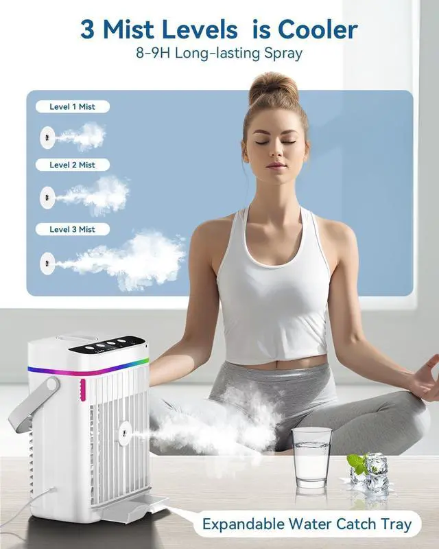 Alt view image 4 of 7 - Portable Air Conditioners, 1250ml Mini Air Conditioner Portable Air Cooling Fan Air Cooler Fan with 3 Speeds & 1-3H Timer, Aire Acondicionado Portatil for Bedroom Room Office Desk