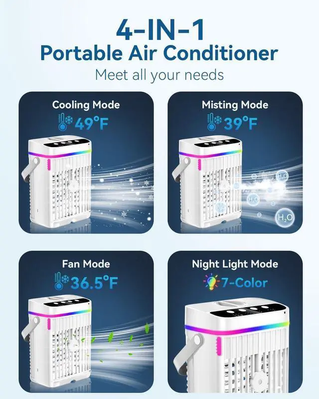 Alt view image 7 of 7 - Portable Air Conditioners, 1250ml Mini Air Conditioner Portable Air Cooling Fan Air Cooler Fan with 3 Speeds & 1-3H Timer, Aire Acondicionado Portatil for Bedroom Room Office Desk