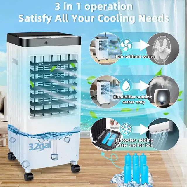 Alt view image 3 of 7 - _Mega Brand Evaporative Air Cooler with Enlarge Water Tank,Swamp Cooler Air Conditioner with Timer,3 Speeds,80° Oscillation,20H Air Cooler for Room Office Kitchen Bedroom Garage(Include 6 Ice Packs)