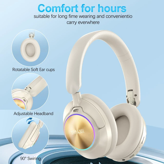 Alt view image 6 of 7 - Noise Cancelling Over Ear Wireless Bluetooth Headphones with Microphone, 65h Playtime, Clear Calls, Comfort Fit for Travel (Beige)