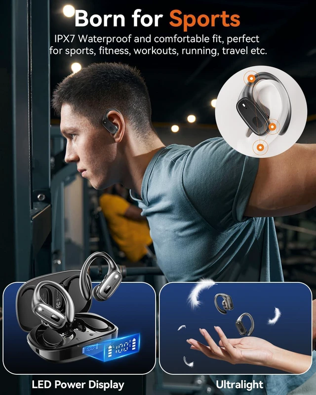 Alt view image 2 of 7 - Wireless Earbuds, Sports Bluetooth 5.4 Headphones, Ear Buds with ENC Noise Canceling Mic, 80Hr Playtime Earphones, Palm-Sized, LED Power Display, IPX7 Waterproof Headset for Workout Running, Carbon