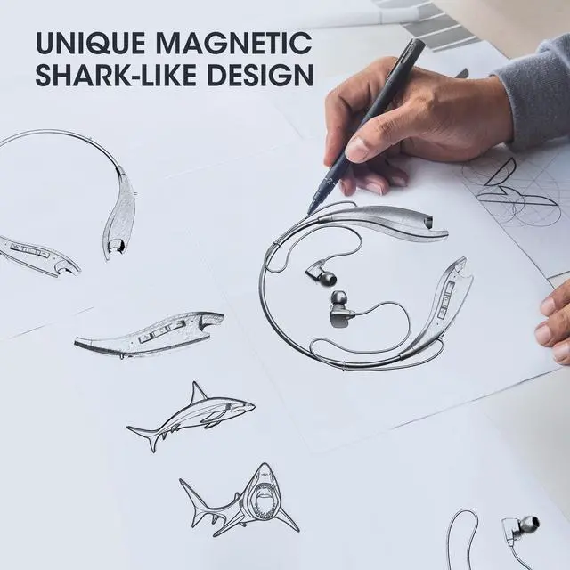 Alt view image 5 of 7 - Neckband Bluetooth Headphones, Around The Neck Headphones 24H+ Playtime, Bluetooth Headsets with Call Vibration, Shark Jaw Design Wireless Earbuds+Noise Isolation/Built-in Mic/IPX7 Waterproof