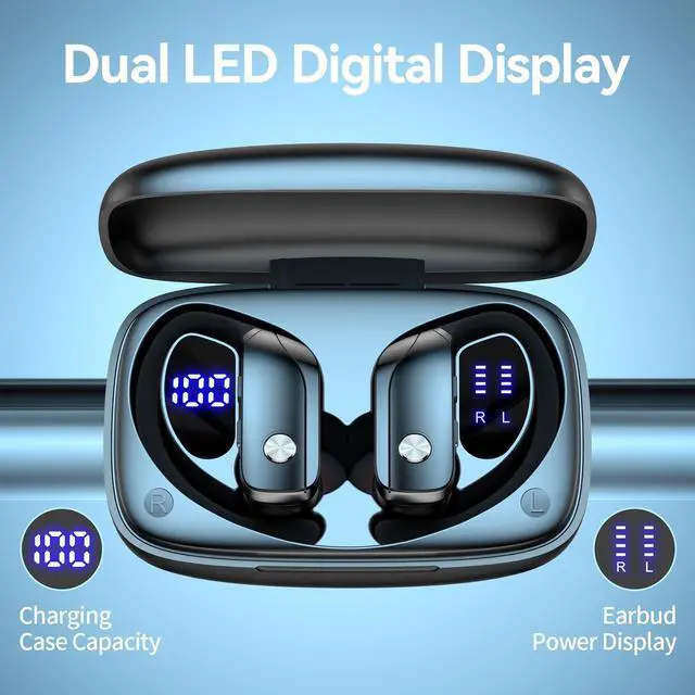 Alt view image 2 of 6 - bmani Ear Buds Wireless Earbuds Bluetooth Headphones with 80H Playtime LED Display Case, Over-Ear Hook with Mic, Stereo Sound, Easy Button Controls, Sports Earphones for Running Workout Gym Black