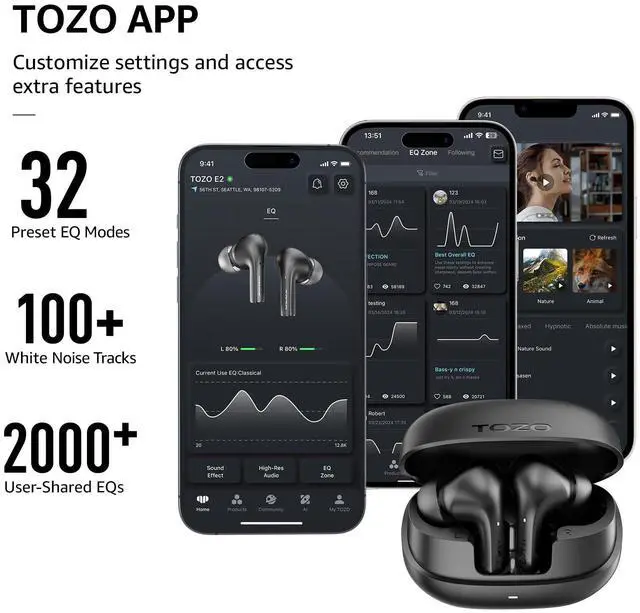 Alt view image 4 of 7 - _Mega Brand E2 Wireless Earbuds 10mm Drivers with Powerful Bass, App Customize 32 EQs, with 2 Mics AI Call Noise Cancellation, 30H Playtime, Bluetooth 5.3 Ear Buds, Comfort Fit in-Ear Headphones