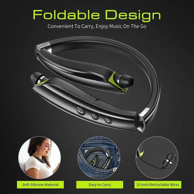 Alt view image 2 of 6 - _Mega Brand ,2025 Upgraded Neckband Bluetooth Headphones with Retractable Earbuds, Noise Cancelling Stereo Earphones with Mic, Foldable Wireless Headphones for Sports Office with Carry Case