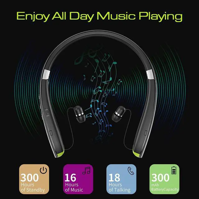 Alt view image 3 of 6 - _Mega Brand ,2025 Upgraded Neckband Bluetooth Headphones with Retractable Earbuds, Noise Cancelling Stereo Earphones with Mic, Foldable Wireless Headphones for Sports Office with Carry Case