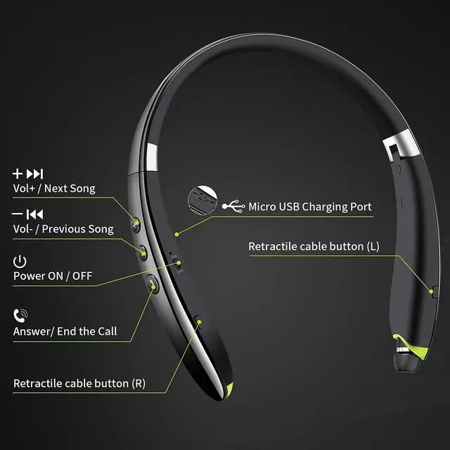 Alt view image 5 of 6 - _Mega Brand ,2025 Upgraded Neckband Bluetooth Headphones with Retractable Earbuds, Noise Cancelling Stereo Earphones with Mic, Foldable Wireless Headphones for Sports Office with Carry Case