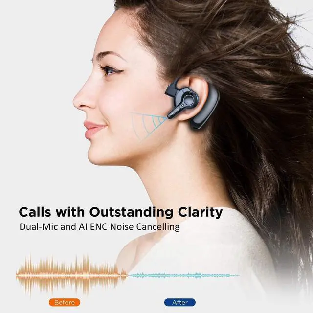 Alt view image 2 of 6 - _Mega Brand Dual-Mic AI Noise Cancelling Bluetooth Headset for Cell Phones, 10 Days Standby 30Hrs HD Talktime Bluetooth Earpiece IPX6 Waterproof Ultralight for Driving/Truckers/Business, Black