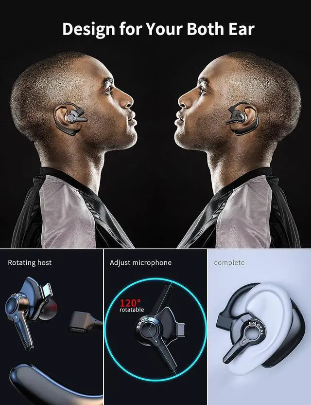 Alt view image 4 of 6 - _Mega Brand Dual-Mic AI Noise Cancelling Bluetooth Headset for Cell Phones, 10 Days Standby 30Hrs HD Talktime Bluetooth Earpiece IPX6 Waterproof Ultralight for Driving/Truckers/Business, Black