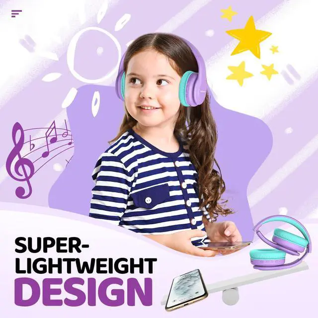 Alt view image 6 of 7 - _Mega Brand Kids Bluetooth Headphones, Lightweight Wireless Headphones for Kids, 85/94dB Volume Limited, 60 Hours Playtime, Bluetooth 5.3, Over-Ear Toddler Headsets with Built-in Mic-Purple