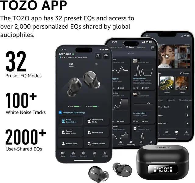 Alt view image 2 of 7 - _Mega Brand Hybrid Active Noise Cancelling Wireless Earbuds, 6 Mics ENC Clear Call, IPX8 Waterproof, in Ear Bluetooth 5.3 Headphones Stereo Bass Ear Buds 59H Playtime with LED Display 32 EQs via APP