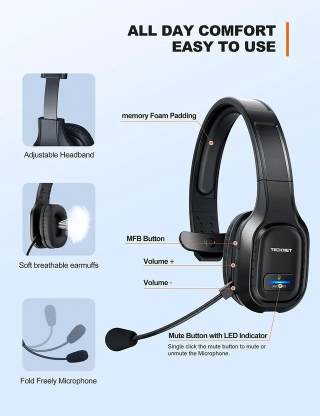Alt view image 3 of 7 - TECKNET Trucker Bluetooth Headset, Trucker Bluetooth Headphones with Microphone AI Noise Canceling Wireless On Ear Headset, Hands Free Wireless Headset for Cell Phone Computer Office Home (Black)