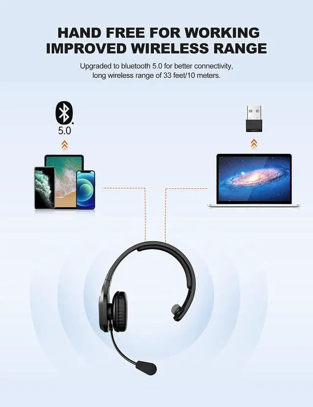 Alt view image 6 of 7 - TECKNET Trucker Bluetooth Headset, Trucker Bluetooth Headphones with Microphone AI Noise Canceling Wireless On Ear Headset, Hands Free Wireless Headset for Cell Phone Computer Office Home (Black)