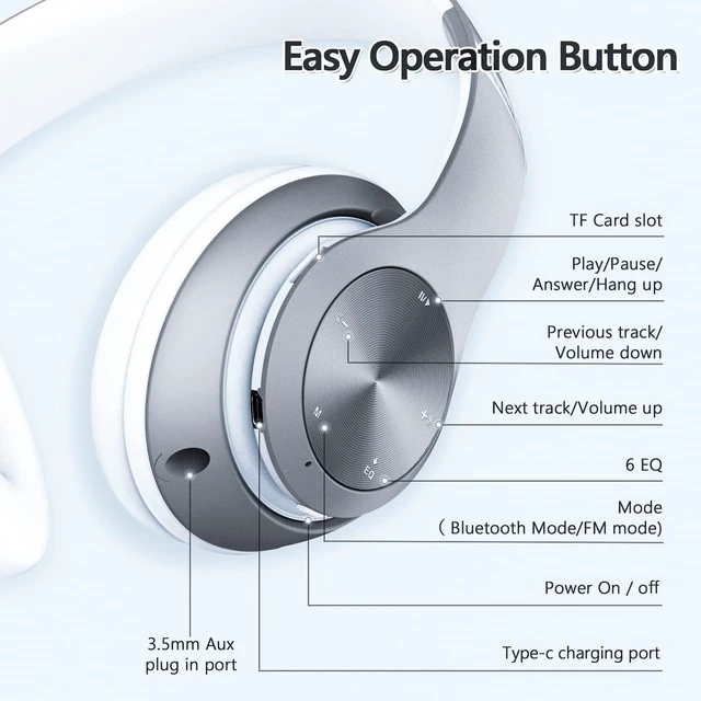 Alt view image 4 of 7 - Headphones Wireless Bluetooth,60 Hours Playtime Foldable Lightweight Bluetooth Headphones Wireless Over Ear Wired Hi-Fi Stereo with 6 EQ Modes, Deep Bass Adjustable Headset with Mic, FM, TF for Adults
