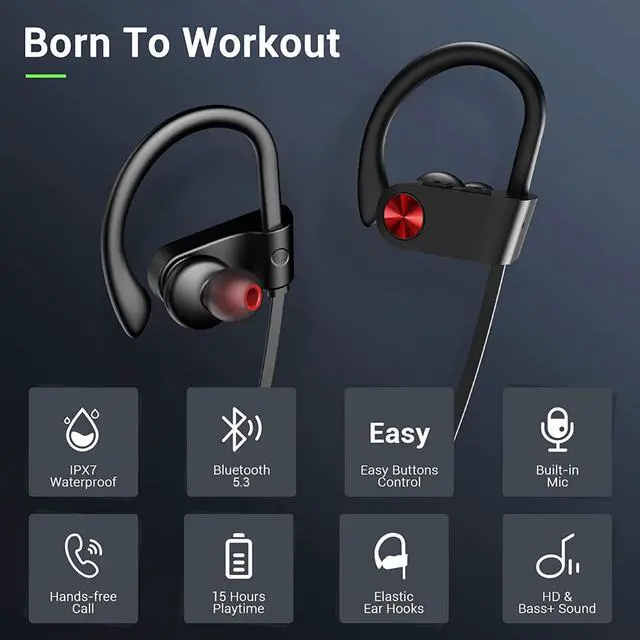 Alt view image 2 of 7 - _Mega Brand Bluetooth Headphones, Bluetooth 5.3 IPX7 Waterproof Wireless Sports Earbuds for Workout Gym, 16 Hrs Playtime Running Headphones with Noise Cancelling Mic, HiFi Bass Stereo in-Ear Earphones
