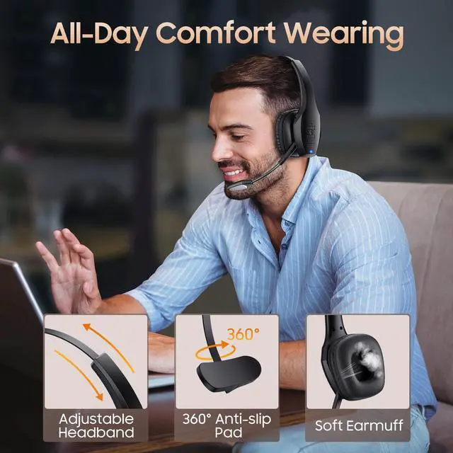 Alt view image 7 of 7 - Bluetooth Headset with Microphone, Trucker Headset Bluetooth Wireless Noise Cancelling & Mute Button, 55 Hours Working Time Wireless On-Ear Headset