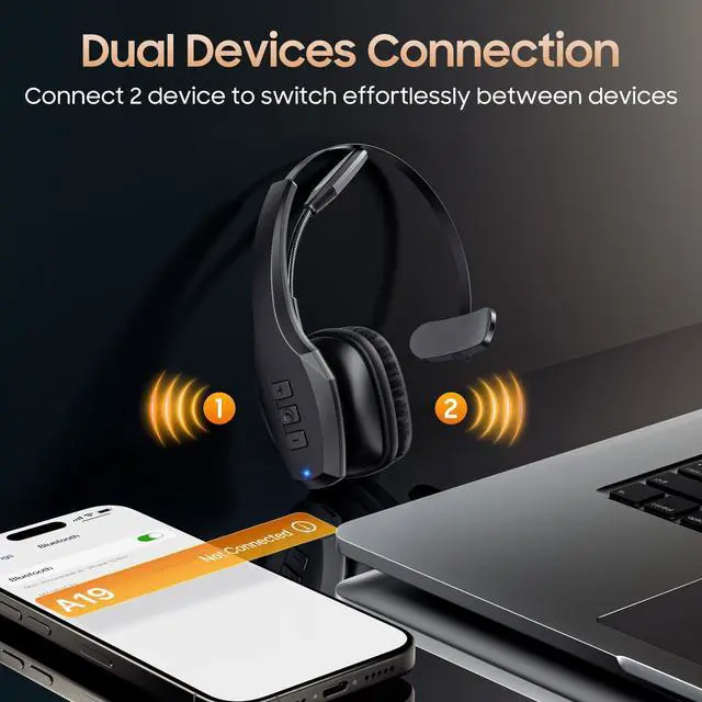 Alt view image 5 of 7 - Bluetooth Headset with Microphone, Trucker Headset Bluetooth Wireless Noise Cancelling & Mute Button, 55 Hours Working Time Wireless On-Ear Headset