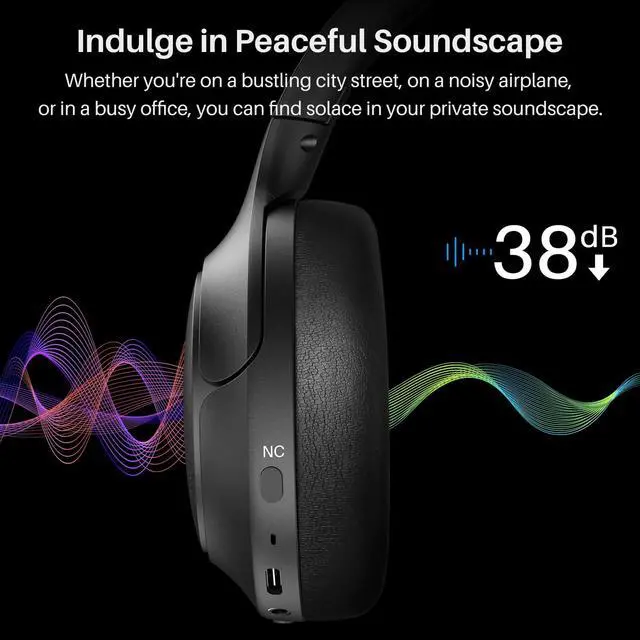 Alt view image 3 of 7 - Hybrid Active Noise Cancelling Headphones, Wireless Over Ear Bluetooth Headset, 60H Playtime, Hi-Res Audio Custom EQ via App Deep Bass Comfort Fit Ear Cups, for Home Office Travel