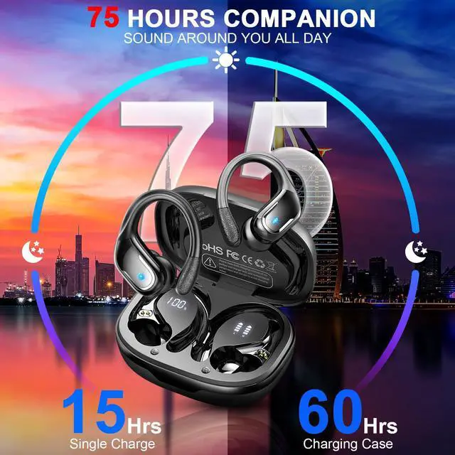 Alt view image 2 of 7 - _Mega Brand, 75Hrs Bluetooth 5.4 Headphones IP7 Waterproof for Sport, Running Wireless Earphones with ENC Noise Cancelling Mics, Deep Bass Over Ear bud with Earhooks for Android, iOS, Workout, Gym