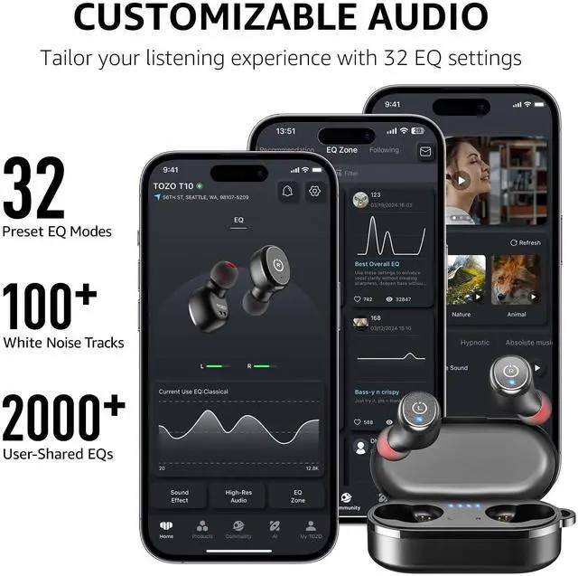 Alt view image 6 of 7 - T10 Wireless Earbuds Bluetooth 5.3 Headphones, App Customize EQ, Ergonomic Design, 55H Playtime, Wireless Charging Case, IPX8 Waterproof Sound in-Ear Headset, New Version