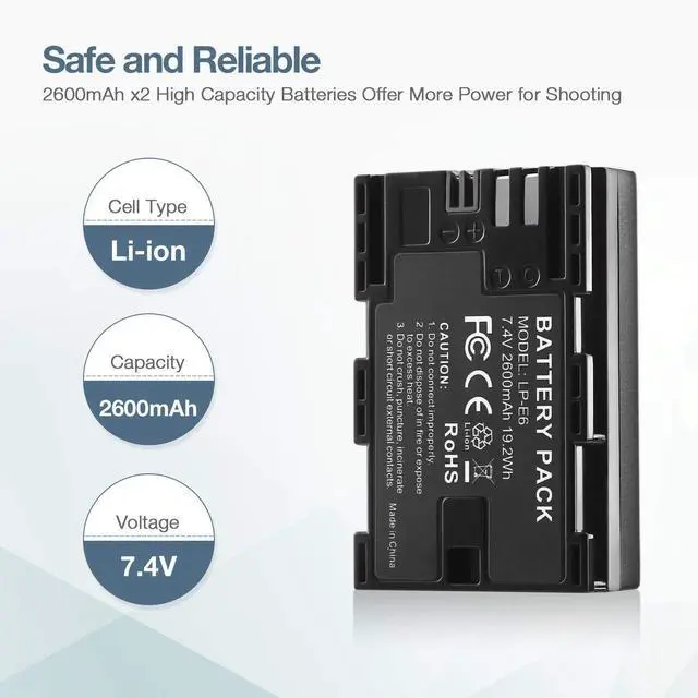 Alt view image 2 of 7 - _Mega Brand LP-E6 LP E6N Battery 2 Packs 2600mAh Replacement Li-ion Batteries and Rapid Dual Charger for E 5D Mark II, III, IV,5DSR,60D,70D,80D,6D,6D Mark II,7D,7D Mark II Cameras