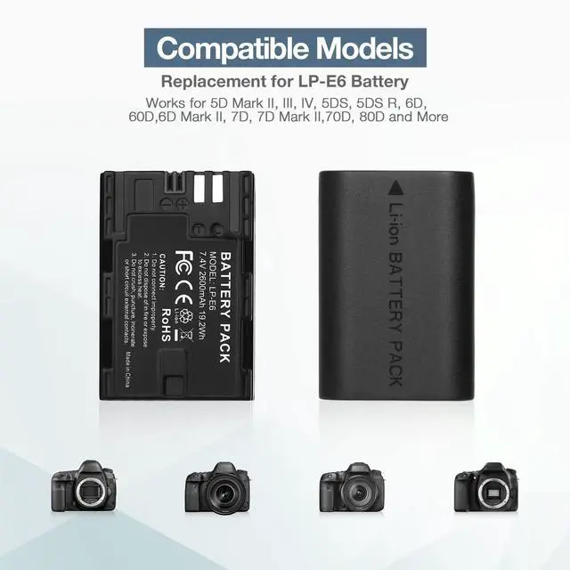 Alt view image 3 of 7 - _Mega Brand LP-E6 LP E6N Battery 2 Packs 2600mAh Replacement Li-ion Batteries and Rapid Dual Charger for E 5D Mark II, III, IV,5DSR,60D,70D,80D,6D,6D Mark II,7D,7D Mark II Cameras
