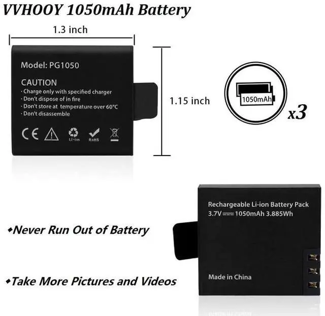 Alt view image 4 of 6 - _Mega Brand 3 x 1050mAh Rechargeable Action Camera Battery with USB Dual Charger Compatible with AKASO EK7000/Brave 4/V50X/Apexcam/VEMONT/Dragon Touch Vision 3/REMALI CaptureCam/Jadfezy Action Camera