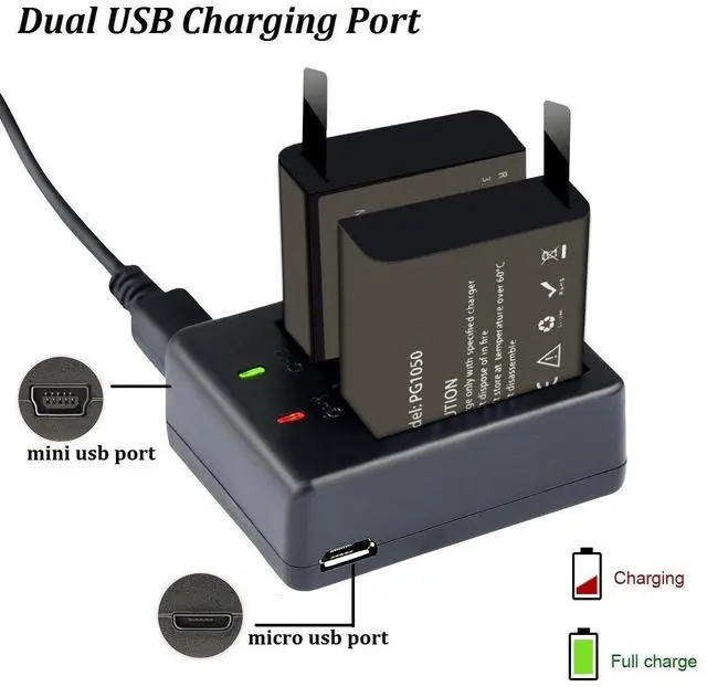 Alt view image 2 of 6 - _Mega Brand 3 x 1050mAh Rechargeable Action Camera Battery with USB Dual Charger Compatible with AKASO EK7000/Brave 4/V50X/Apexcam/VEMONT/Dragon Touch Vision 3/REMALI CaptureCam/Jadfezy Action Camera