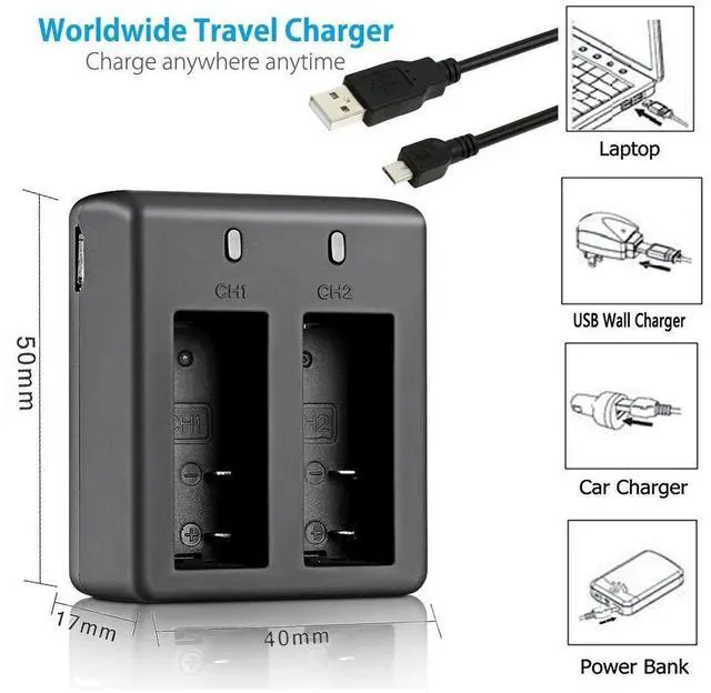 Alt view image 5 of 6 - _Mega Brand 3 x 1050mAh Rechargeable Action Camera Battery with USB Dual Charger Compatible with AKASO EK7000/Brave 4/V50X/Apexcam/VEMONT/Dragon Touch Vision 3/REMALI CaptureCam/Jadfezy Action Camera