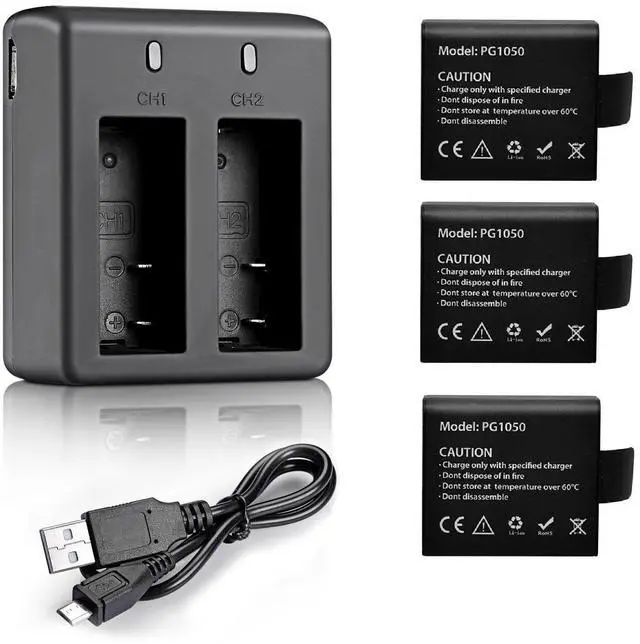 Main image of _Mega Brand 3 x 1050mAh Rechargeable Action Camera Battery with USB Dual Charger Compatible with AKASO EK7000/Brave 4/V50X/Apexcam/VEMONT/Dragon Touch Vision 3/REMALI CaptureCam/Jadfezy Action Camera