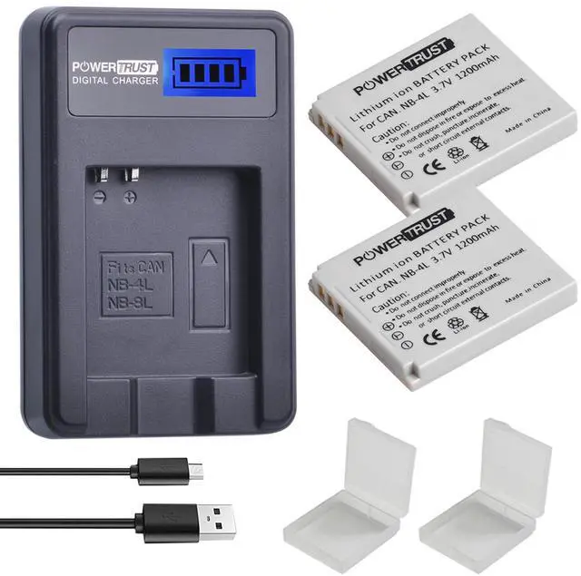 Main image of _Mega Brand 2-Pack 1200mAh 3.7v NB-4L Battery and LCD USB Charger for Canon PowerShot ELPH 100 HS, 300 HS, 310 HS, SD1000, SD1100 is, SD1400 is, SD200, SD30, SD300, SD40, SD400, SD600, SD750, SD780 is