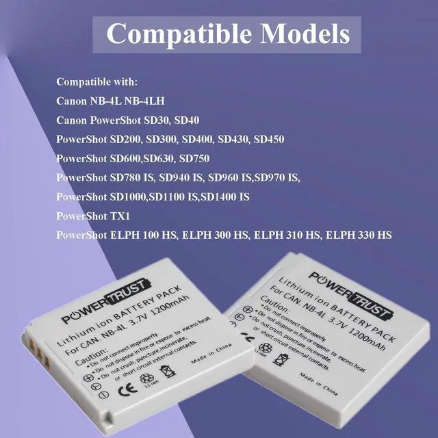 Alt view image 5 of 7 - _Mega Brand 2-Pack 1200mAh 3.7v NB-4L Battery and LCD USB Charger for Canon PowerShot ELPH 100 HS, 300 HS, 310 HS, SD1000, SD1100 is, SD1400 is, SD200, SD30, SD300, SD40, SD400, SD600, SD750, SD780 is