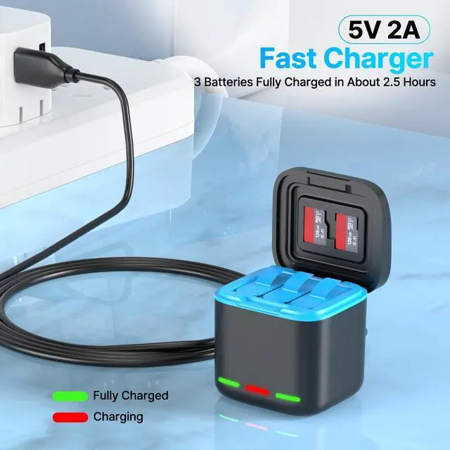 Alt view image 3 of 7 - _Mega Brand Battery Charger for Hero 8/7/6 Battery 3-Pack 1500mAh and USB Storage 3-Channel Fast Charger Fully Compatible with GoPro Hero 8, Hero 7, Hero 6 Black Official with Micro SD Card Slot