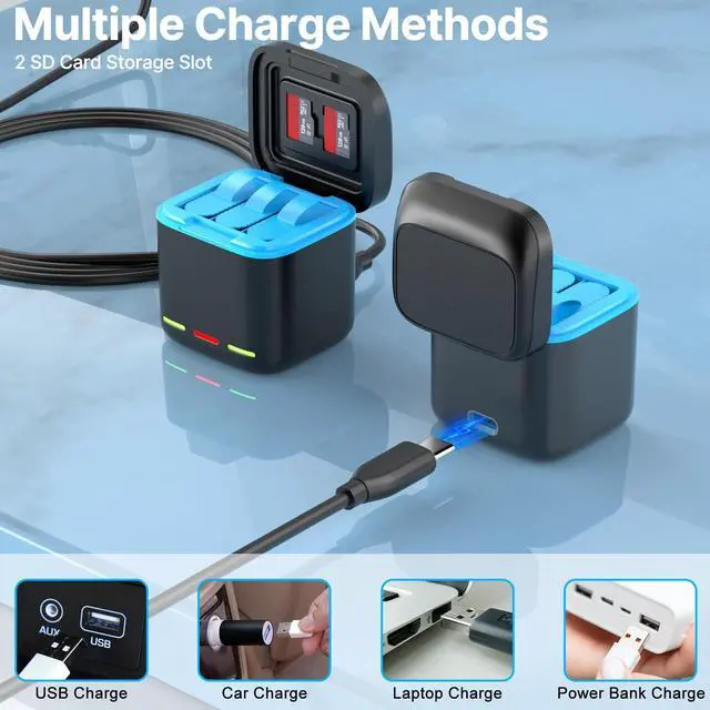 Alt view image 7 of 7 - _Mega Brand Battery Charger for Hero 8/7/6 Battery 3-Pack 1500mAh and USB Storage 3-Channel Fast Charger Fully Compatible with GoPro Hero 8, Hero 7, Hero 6 Black Official with Micro SD Card Slot