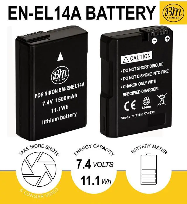 Alt view image 2 of 7 - _Mega Brand Pack of 2 EN-EL14A Batteries and Charger for Nikon D3100, D3200, D3300, D3400, D3500, D5100, D5200, D5300, D5500, D5600, DF, Coolpix P7000, P7100, P7700 Digital SLR Cameras