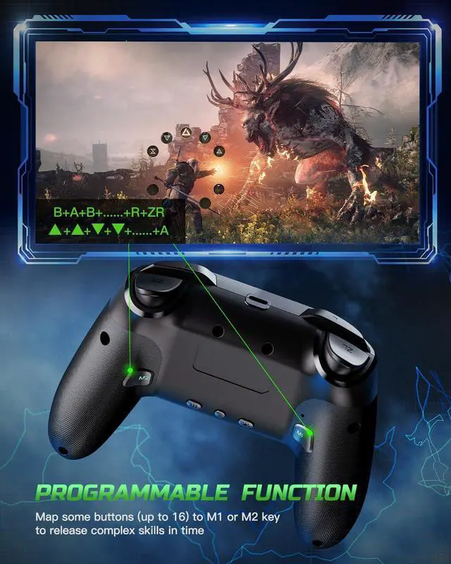 Alt view image 3 of 7 - _Mega Brand Switch Controllers Compatible with Switch/Lite/OLED/PC Windows, 1000mAh Programmable RGB Lightning LED, Wireless Pro Controller with One Key Pairing/Wake Up/Turbo/Vibration