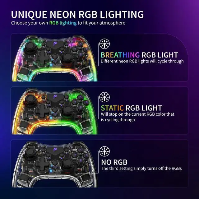 Alt view image 2 of 5 - _Mega Brand Wireless Bluetooth Gaming Controller with RGB Lights (14 Color Setting) and 4 Level Vibration Function for Switch/Lite/Android/iOS/PC/Steam/Apple Arcade MFi Games, Switch Pro Controller