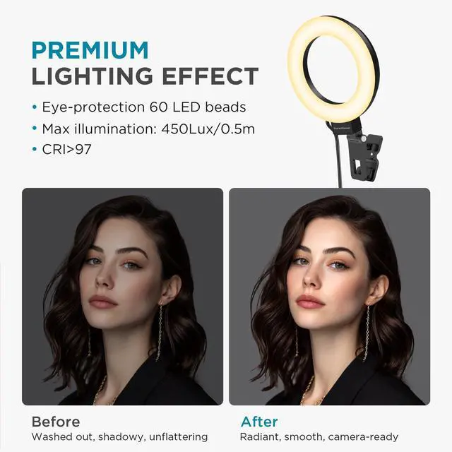 Alt view image 3 of 7 - Video Conference Light, 5" 60 LED On-Camera Video Lights for Monitor Desk LED Streaming Lighting with Desk Tripod Selfie Zoom Lighting for Computer Camera Webcam Laptop Podcast, Recording