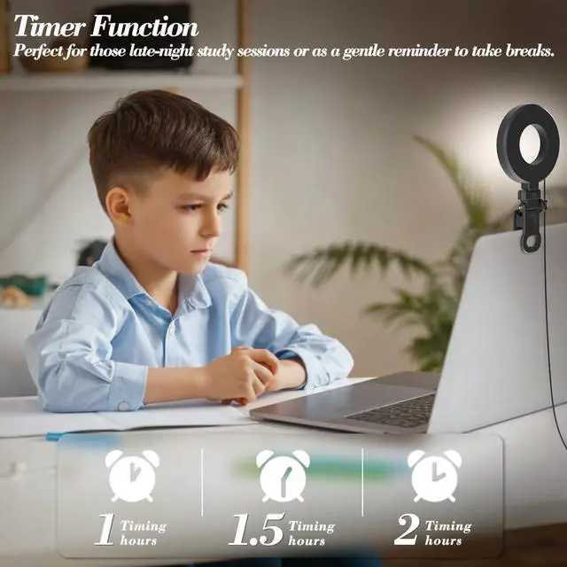 Alt view image 6 of 7 - _Mega Brand [3 Color, 5 Brightness & Timer] 3.5'' Small Video Conference Lighting Clip On Monitor Laptop iPad Phone, USB Plug Dimmable Selfie Light for Working, Meeting, YouTube/TikTok Content Creator