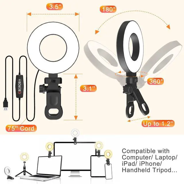 Alt view image 7 of 7 - _Mega Brand [3 Color, 5 Brightness & Timer] 3.5'' Small Video Conference Lighting Clip On Monitor Laptop iPad Phone, USB Plug Dimmable Selfie Light for Working, Meeting, YouTube/TikTok Content Creator