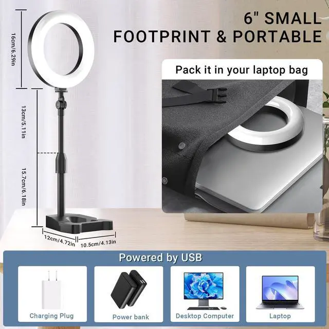 Alt view image 2 of 7 - _Mega Brand Laptop Ring Light for Video Conferencing,6''LED Desk Soft Halo Lighting with Phone Holder for Zoom Calls,Live Streaming,Computer Monitor Webcam,Portable Circle Light with Adjustable Stand