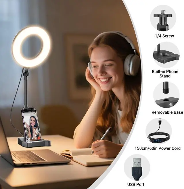 Alt view image 7 of 7 - _Mega Brand Laptop Ring Light for Video Conferencing,6''LED Desk Soft Halo Lighting with Phone Holder for Zoom Calls,Live Streaming,Computer Monitor Webcam,Portable Circle Light with Adjustable Stand