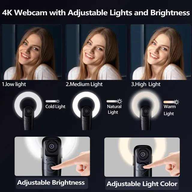 Alt view image 3 of 7 - _Mega Brand 4K Webcam with Light, Webcam for PC with Microphone, Plug and Play, USB Computer Camera for Desktop, Auto-Focus, Web Camera for Desktop Computer Zoom Skype