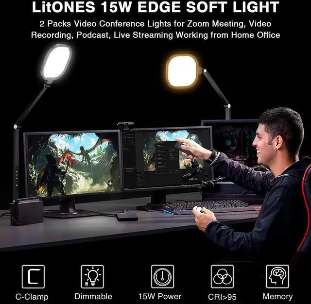 Alt view image 2 of 7 - _Mega Brand 2 Packs Video Conference Light for Computer,15W _Mega Brand Desk Light for Zoom Calls Meeting with C-Clamp&Metal Swing Arm,Podcast Lighting Kit with Remote,Memory&Timing CRI95