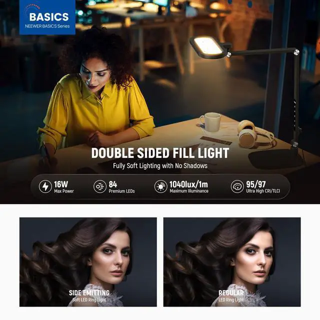 Alt view image 3 of 7 - _Mega Brand Basics 16W LED Desk Lamp for Home Office Video Conference Reading Lighting,Eye Caring Foldable Double Sided Dimmable Touch Table Ring Light with Stand Memory Timer 5 Color Modes CRI95,FR16
