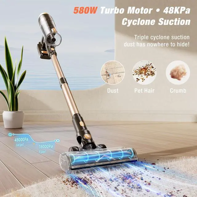 Alt view image 2 of 7 - _Mega Brand Cordless Vacuum Cleaner,580W 48KPA 70 Mins Vacuum Cleaners for Home,Self-Standing Stick Vacuum with Wall Mount Charge,Touch Screen,Ultra High-Power Brush for Pet Hair/Plush Carpet/Floor