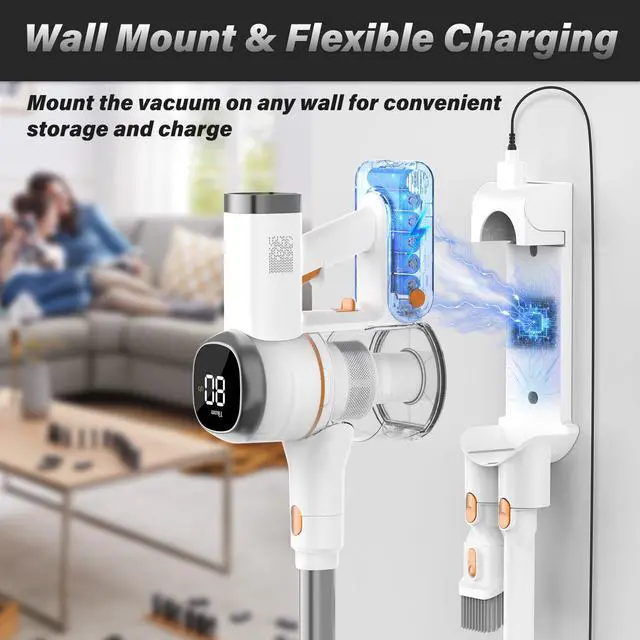 Alt view image 4 of 7 - V500 Cordless Vacuum Cleaner for Home, 40000Pa/450W Stick Vacuum with LED Touch Screen, Charging Wall Dock, Anti-Tangle, Lightweight Handheld Vacuum for Pet Hair, Hard Floor, Carpet